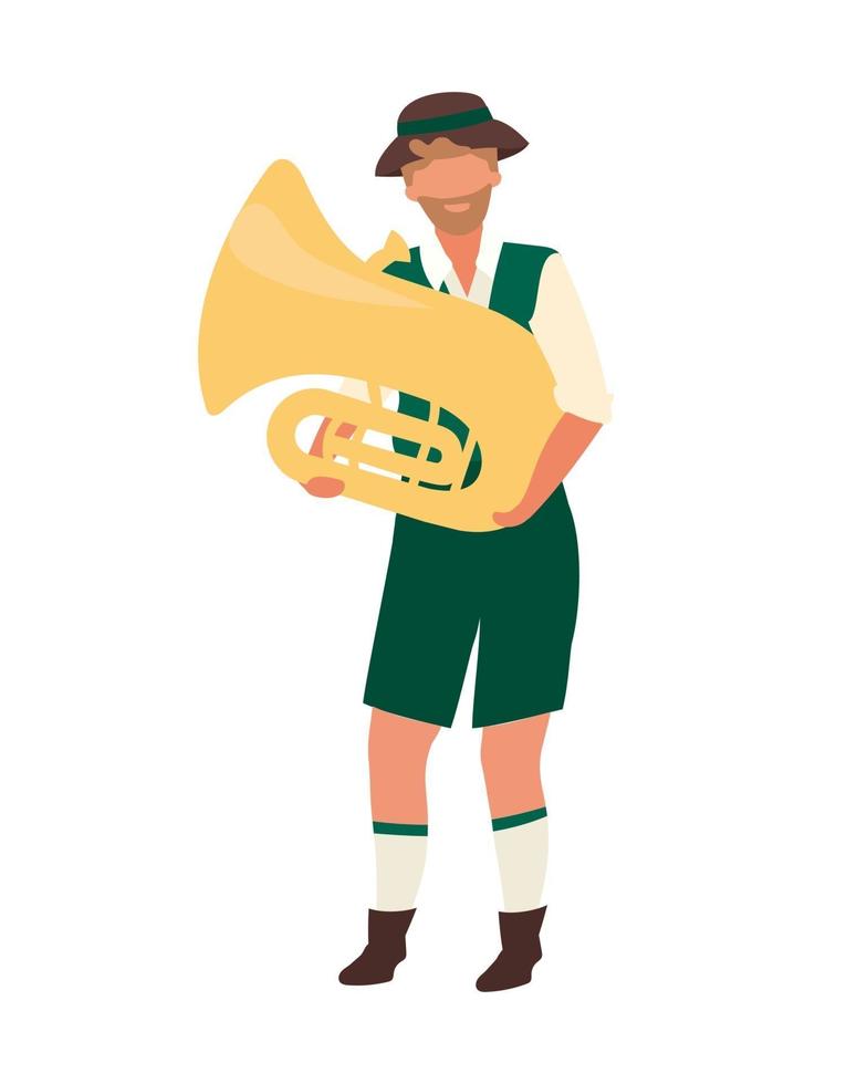 hombre en lederhosen tocando tuba carácter vectorial de color semi plano vector