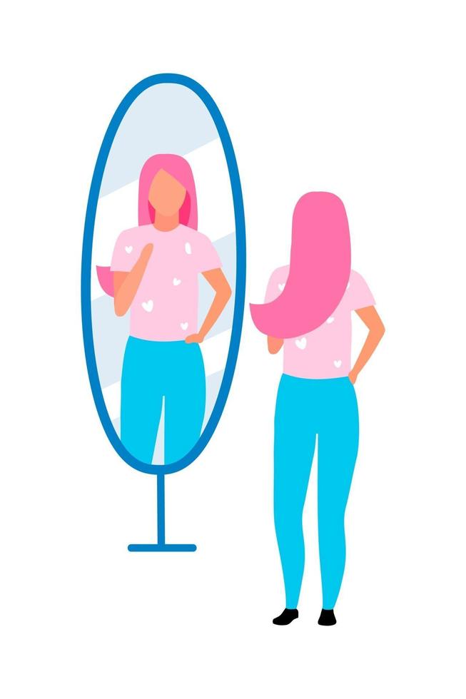 Young woman looking at mirror semi flat color vector character