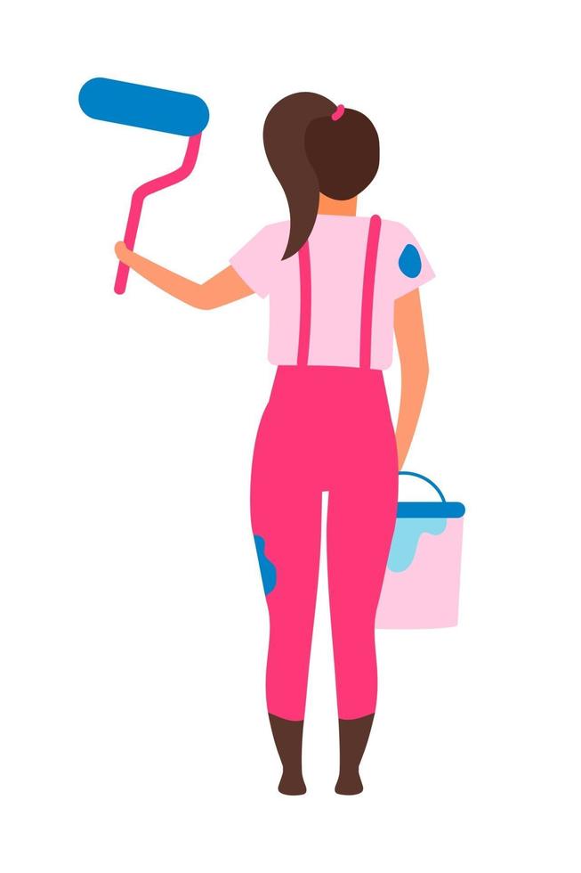 Girl with paint roller semi flat color vector character