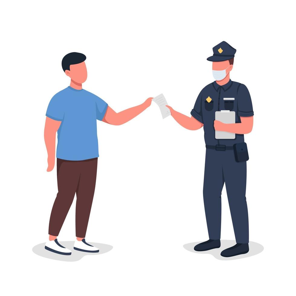 Officer hands over paper to witness semi flat color vector characters