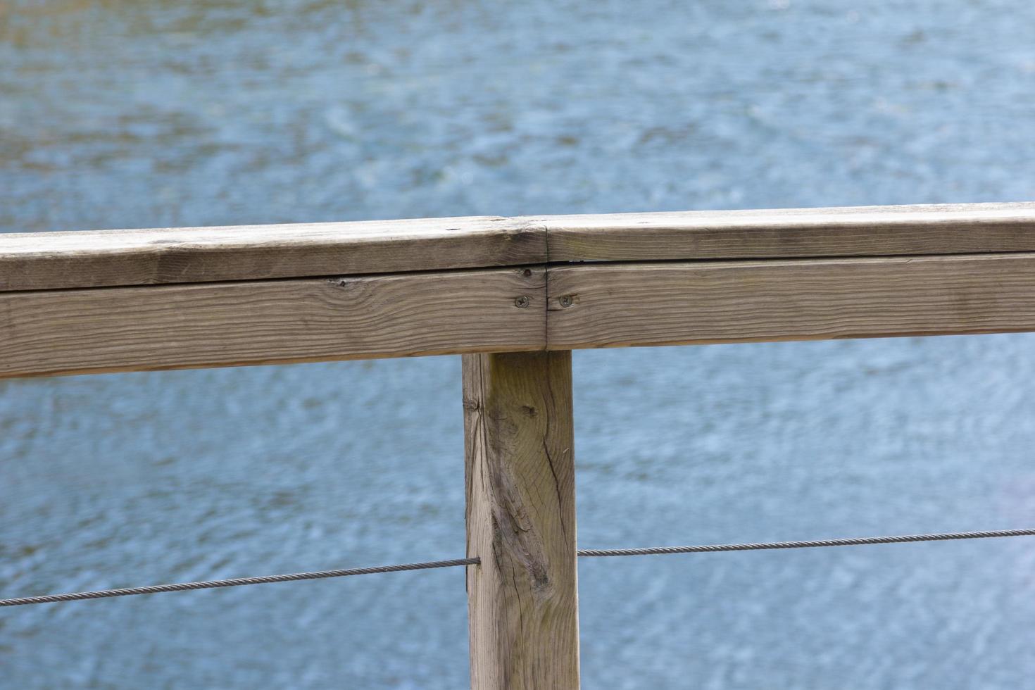 Wooden railing on blue background photo