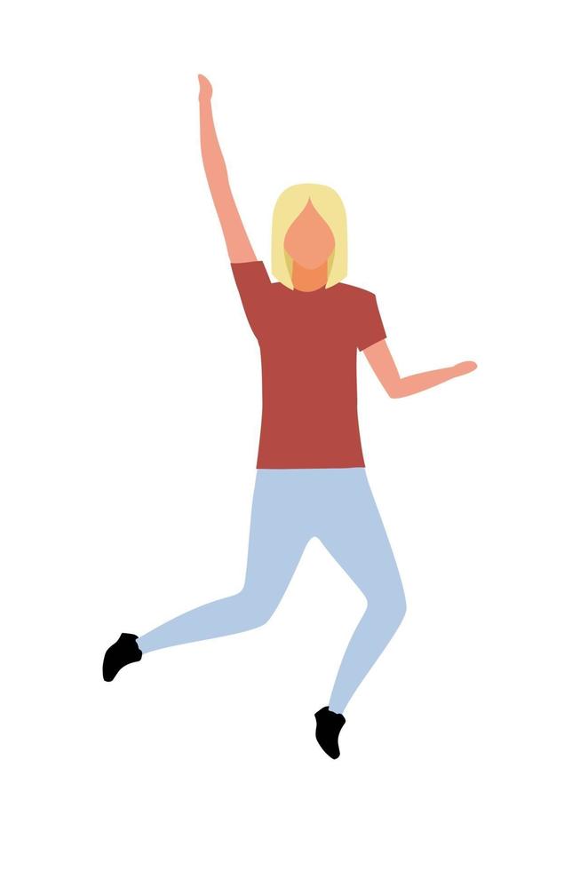mujer saltando con la mano hacia arriba carácter vectorial de color semi plano vector