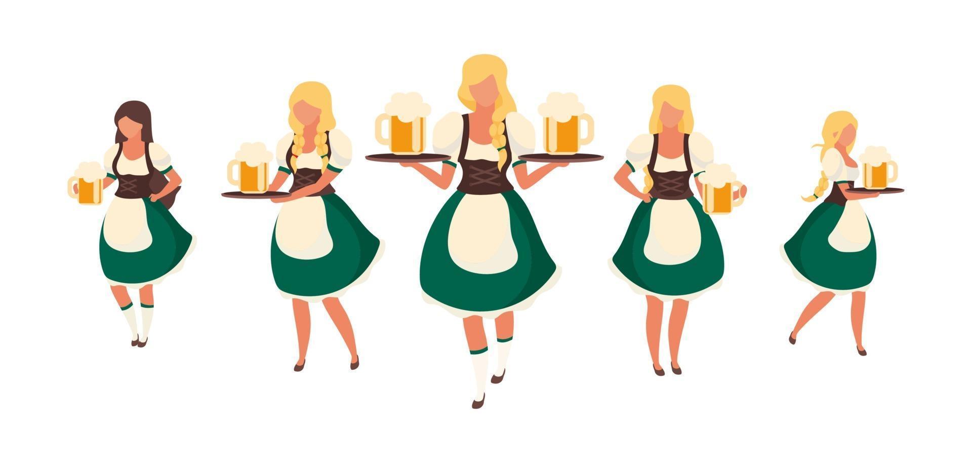 sirvientas de cerveza en octoberfest personajes de vector de color semi plano