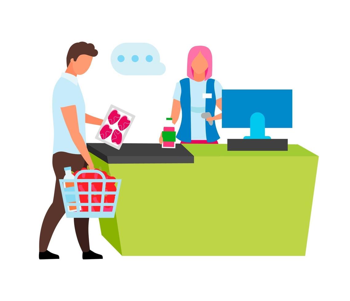 Cashier scanning customer products semi flat color vector characters