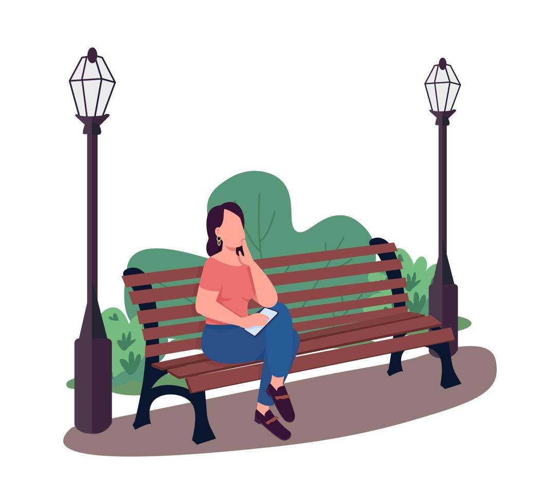 Mujer sentada en un banco en el parque carácter vectorial de color semi plano vector