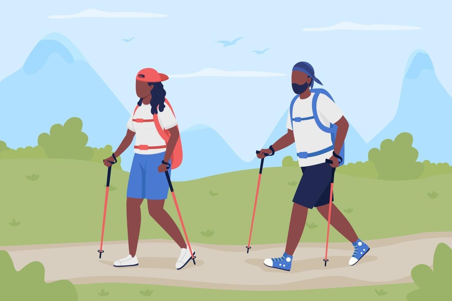 Couple trekking together flat color vector illustration