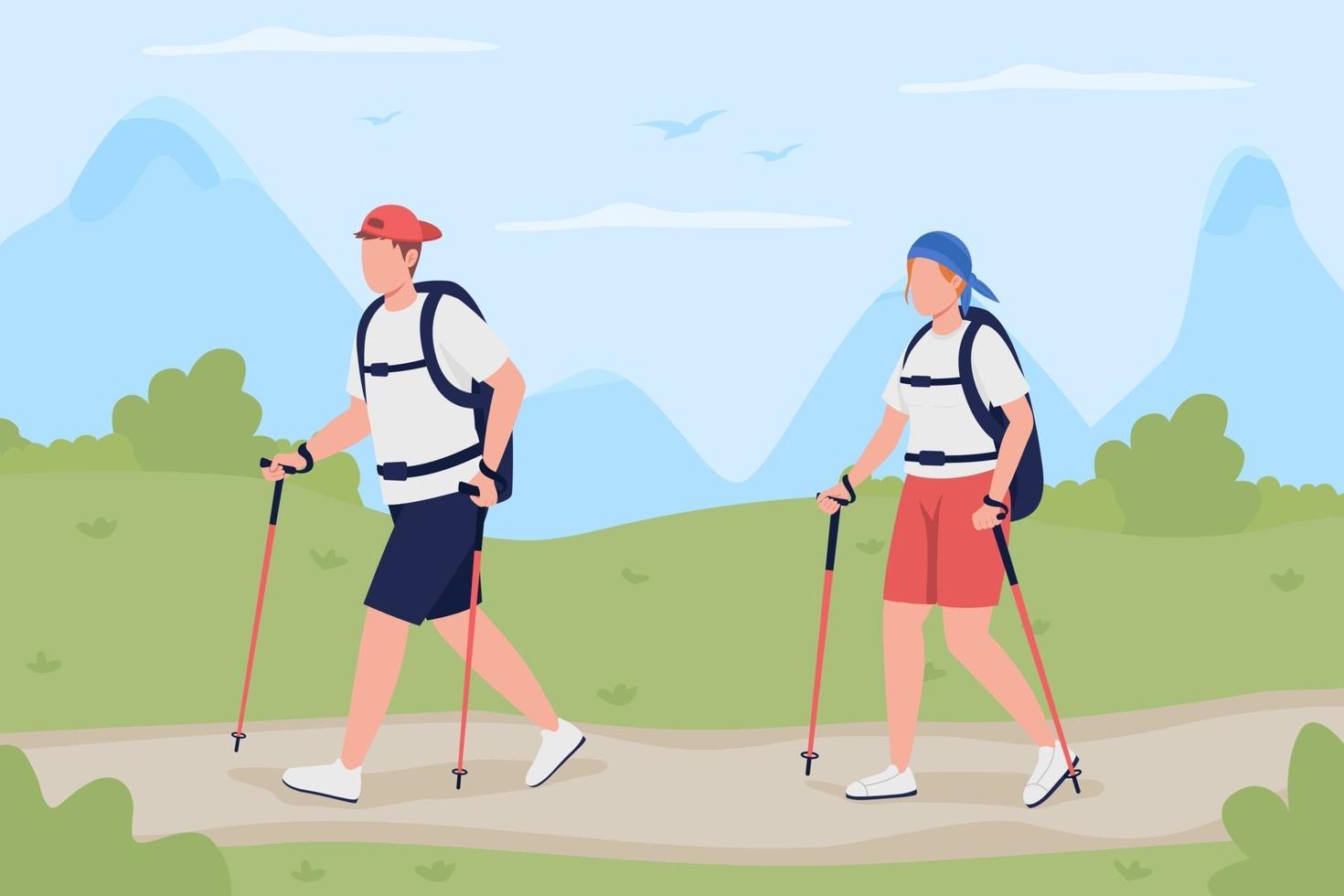 Trekking flat color vector illustration