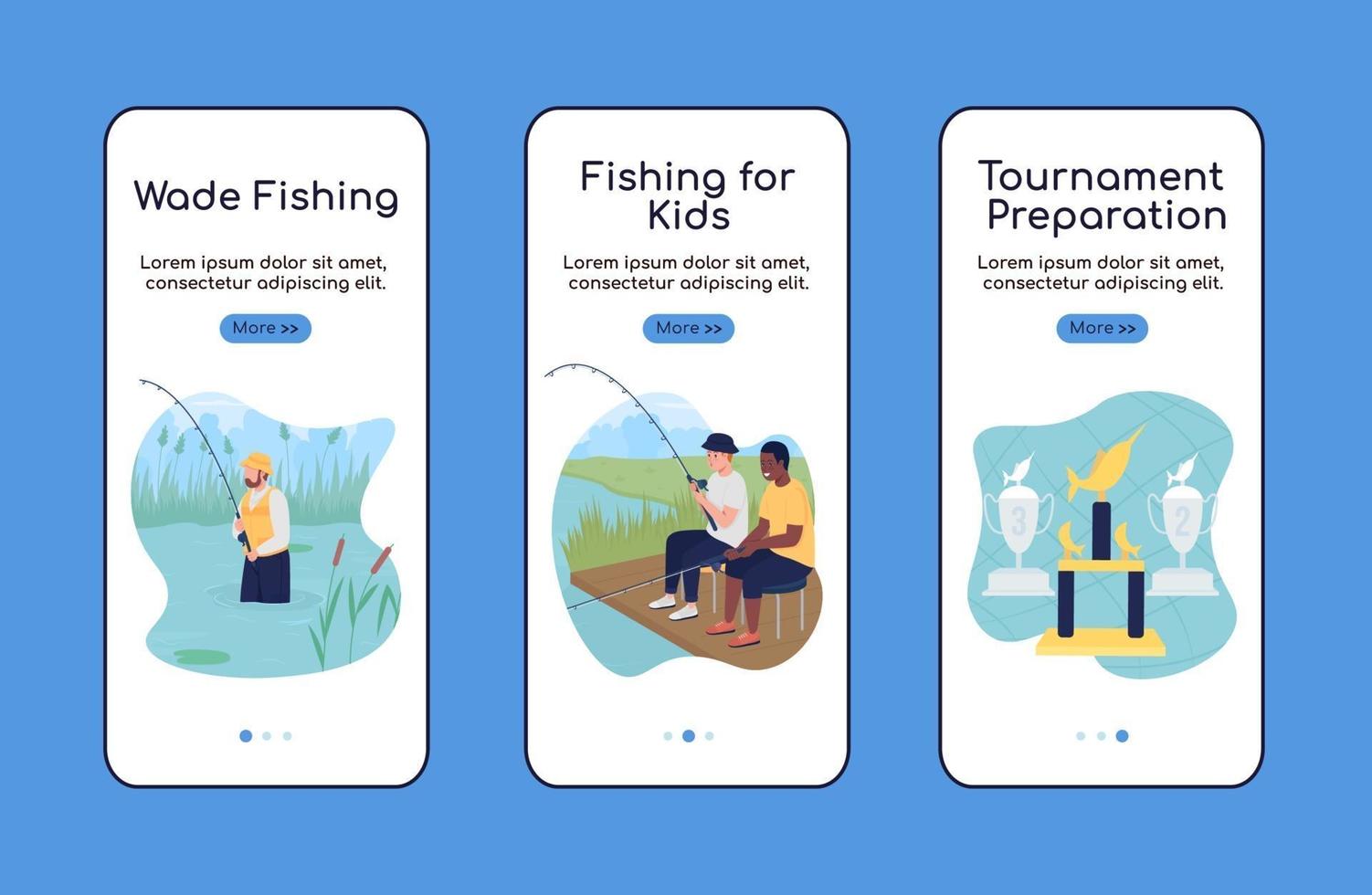 Camping trip with fishing onboarding mobile app screen flat template vector