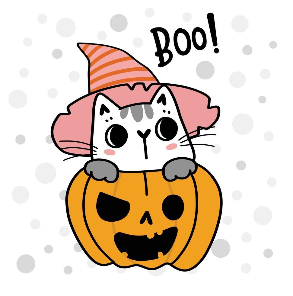 cute kitten cat animal in adorable orange craved pumpkin cartoon vector
