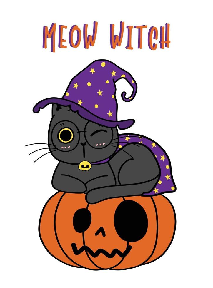 cute kitten cat purple magic meow witch costume Trick or Treat cartoon vector