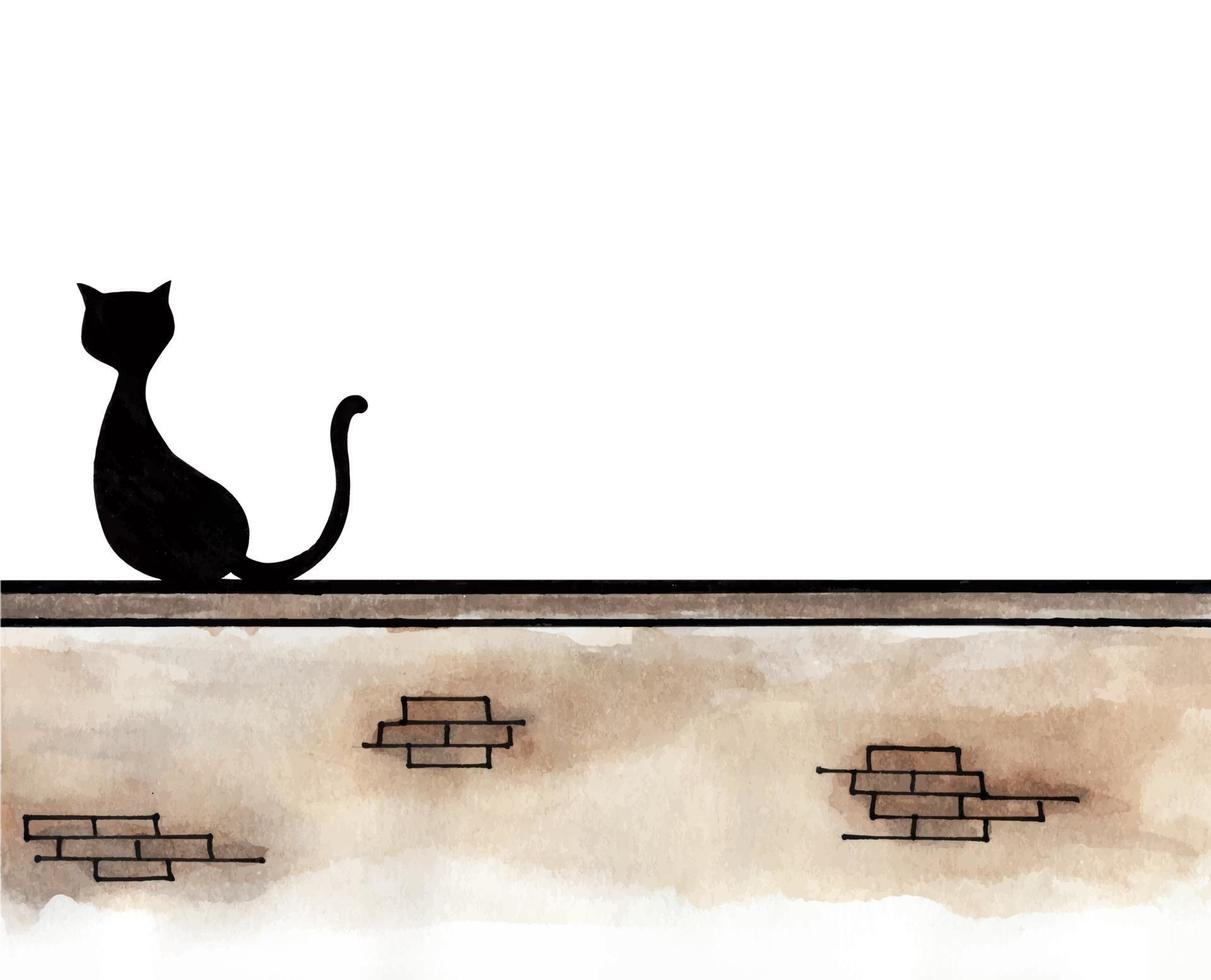 Watercolor painting of Black cat sitting on wall with place for text. vector