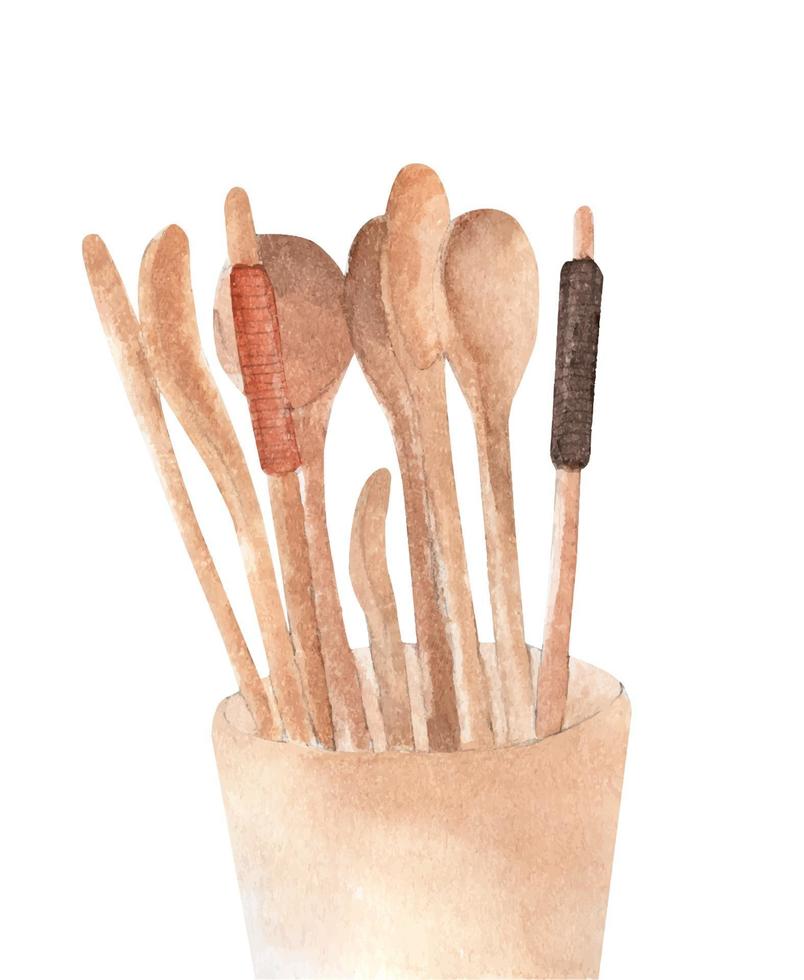 Wooden spoons , fork and chopsticks - watercolor painting. vector