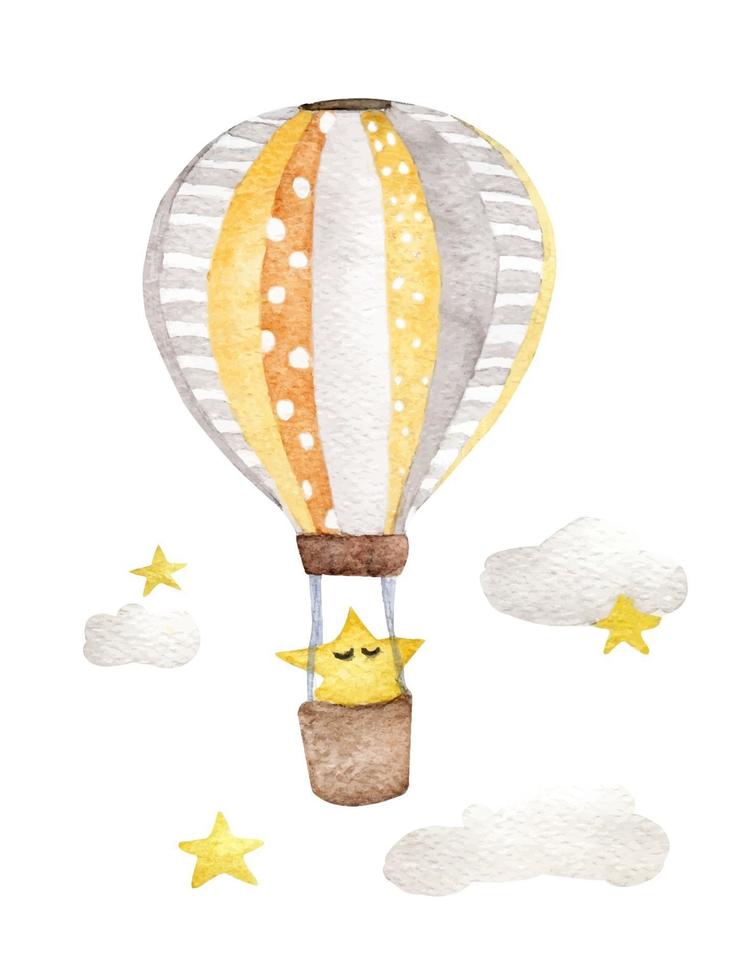 Vintage air balloon with star and clouds. Watercolor illustration. vector