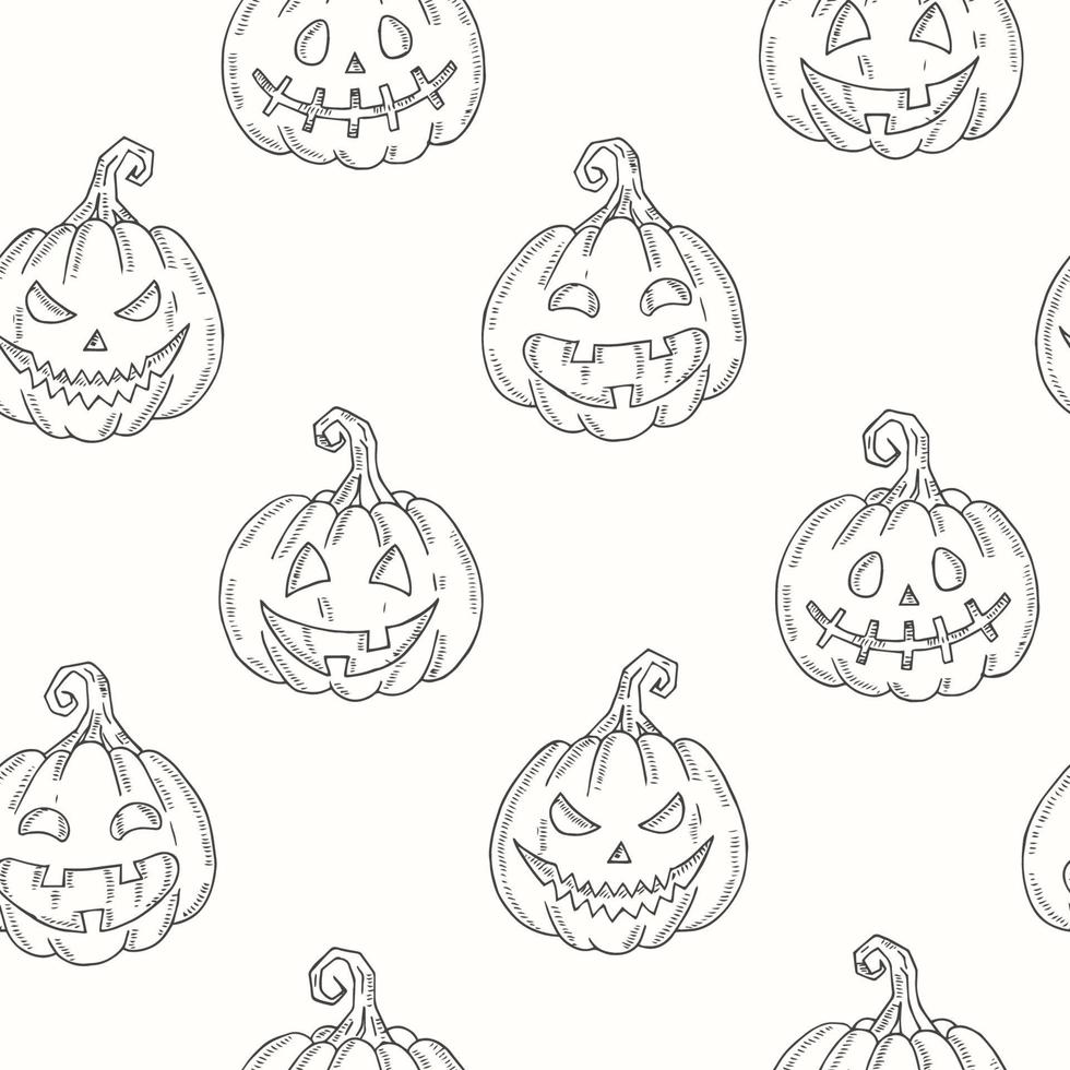 patrón sin fisuras con gato de calabaza de halloween en el estilo de dibujo vector
