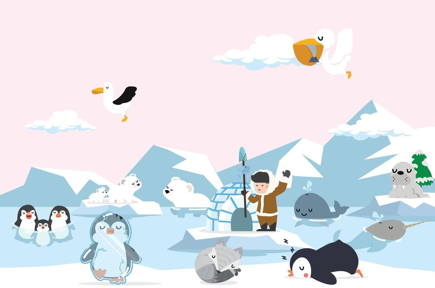 North pole Arctic animals set background vector