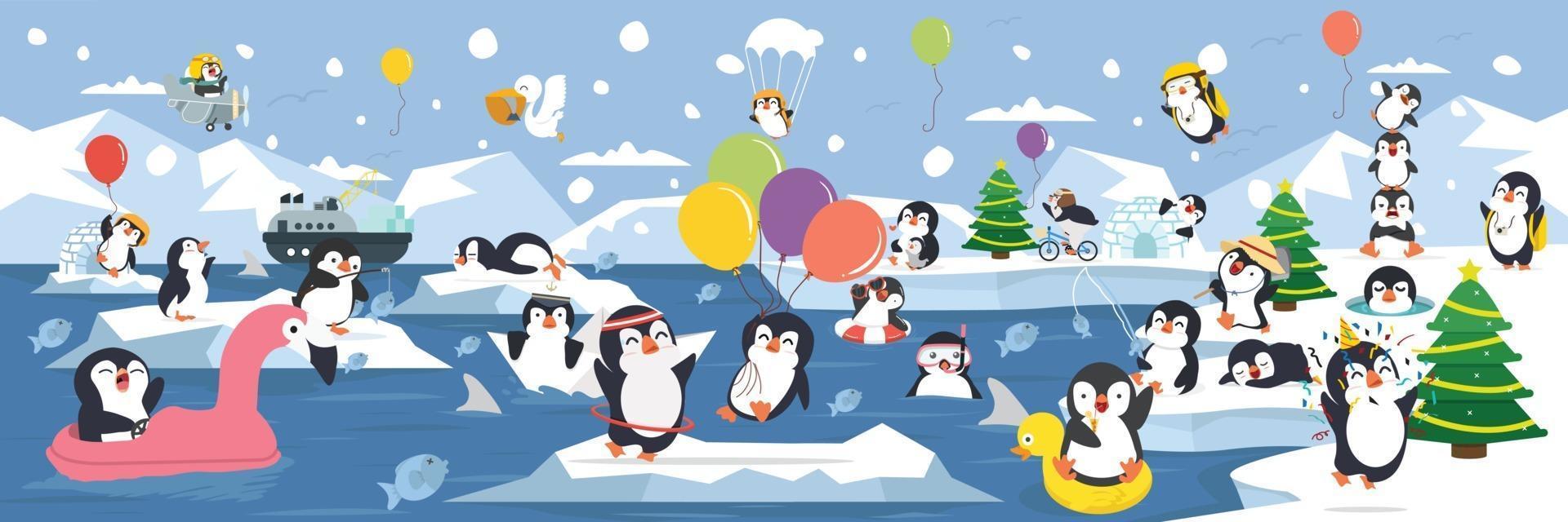 North pole Arctic family penguins activities with different emotions vector