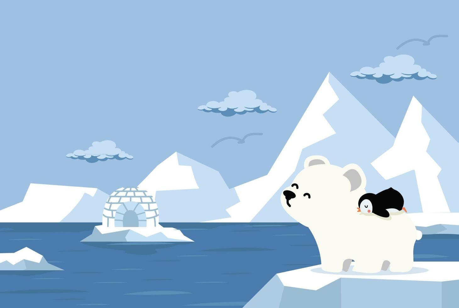 polar bear with little penguin North pole Arctic vector