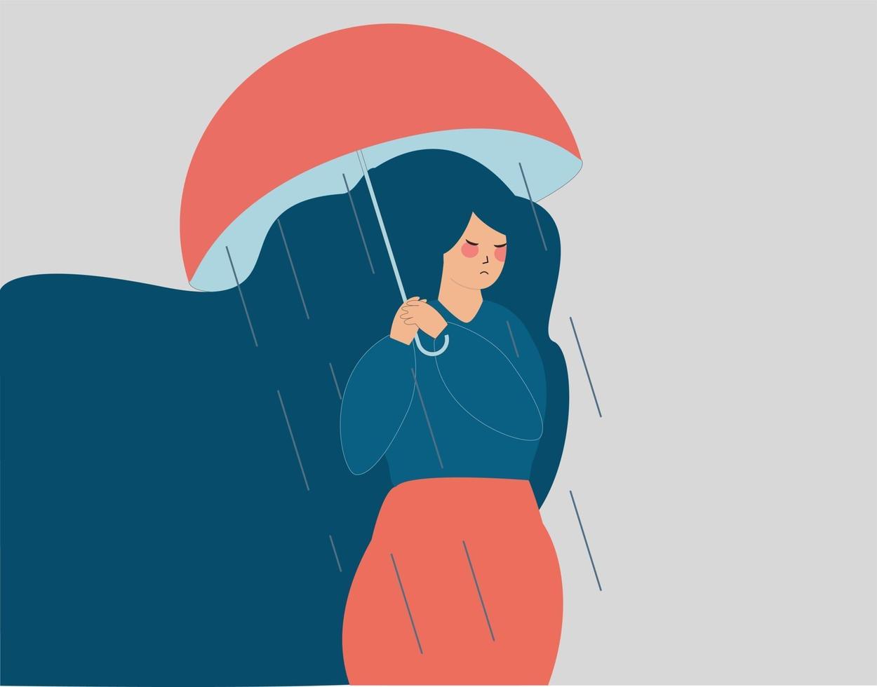 Depressed woman holds an umbrella. Mental health disorders concept. vector