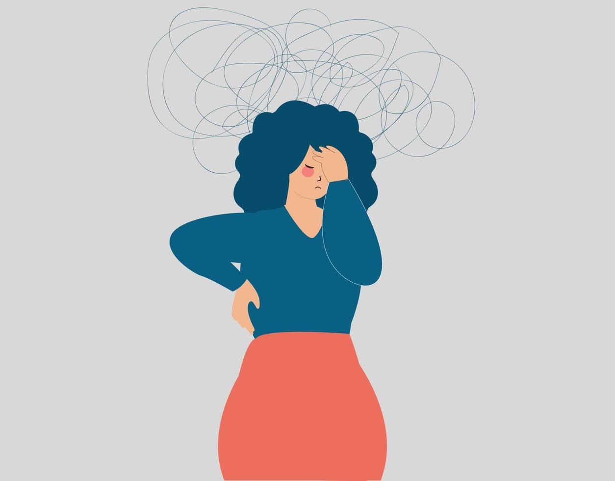 Woman suffers from a mental health illness. Girl feeling dizzy. Vector