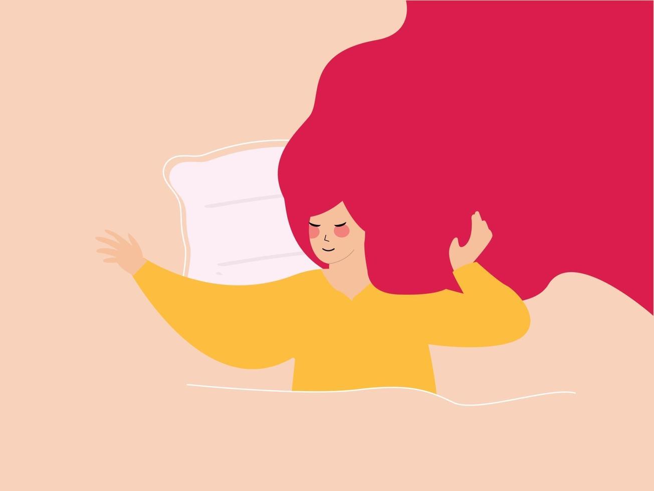 Happy girl wakes up in the morning. Woman gets up and stretches. vector