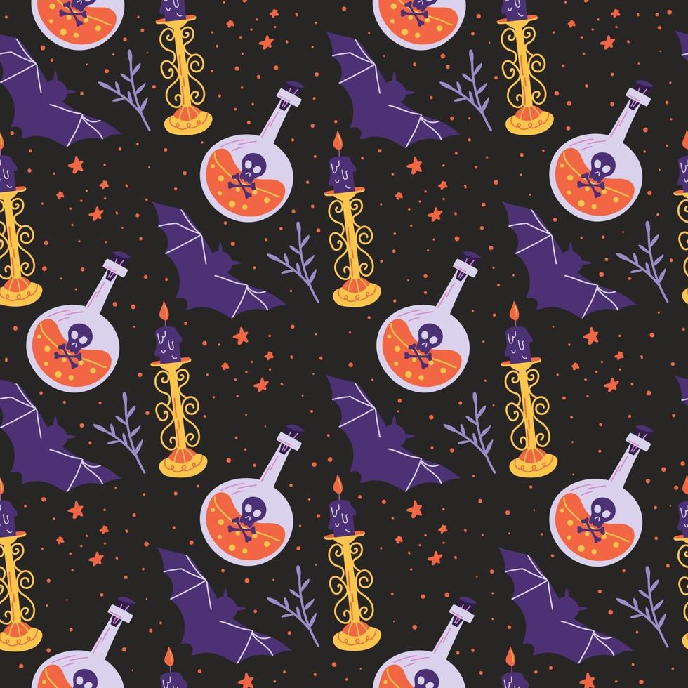 Halloween seamless pattern with bat, poison potion and candle. vector