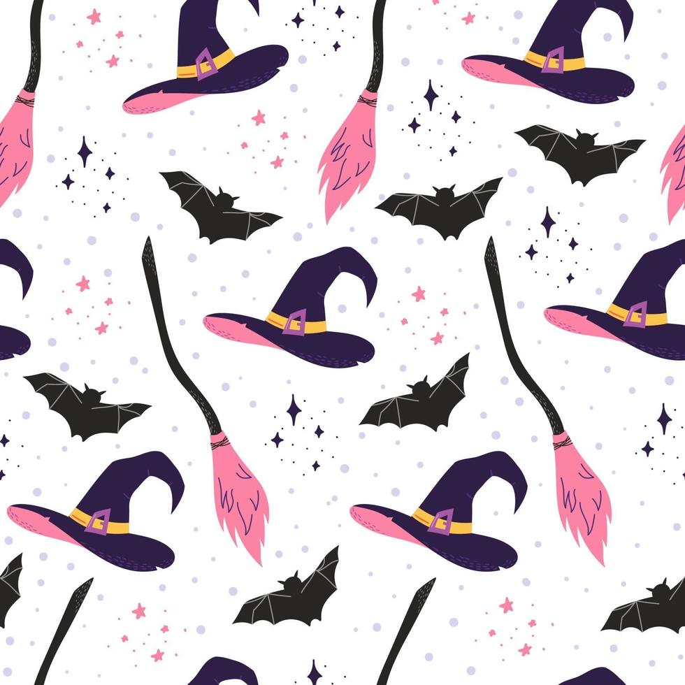 Hand drawn vector pattern for halloween. Witch hat, broom and bat