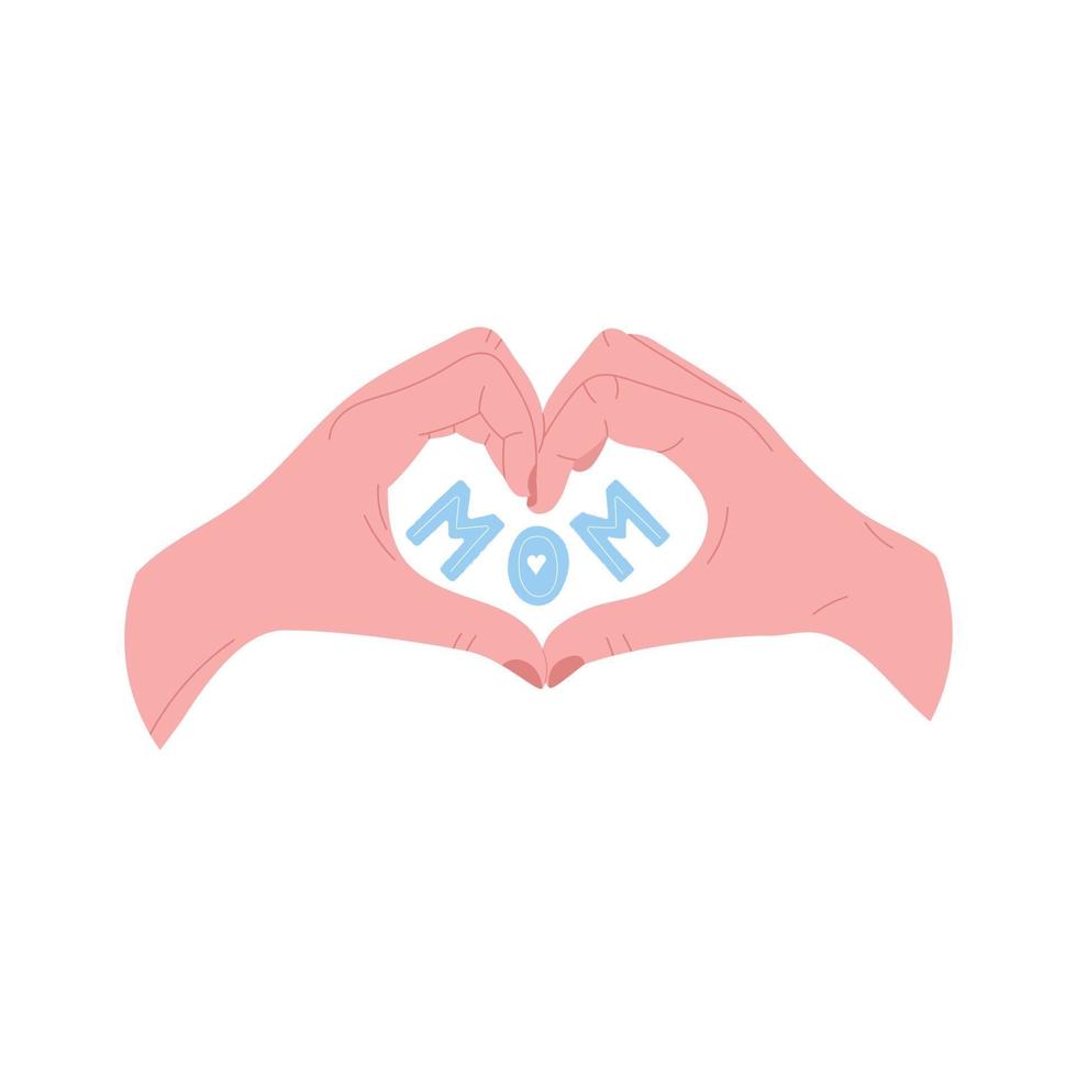 Hand heart gesture with Mom lettering inside. vector