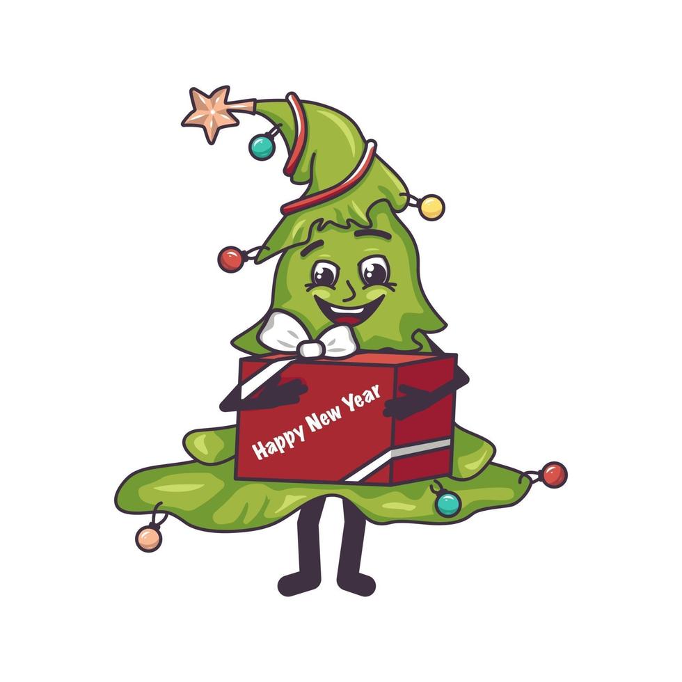 Happy Christmas tree with face, legs and a gift box in hands vector