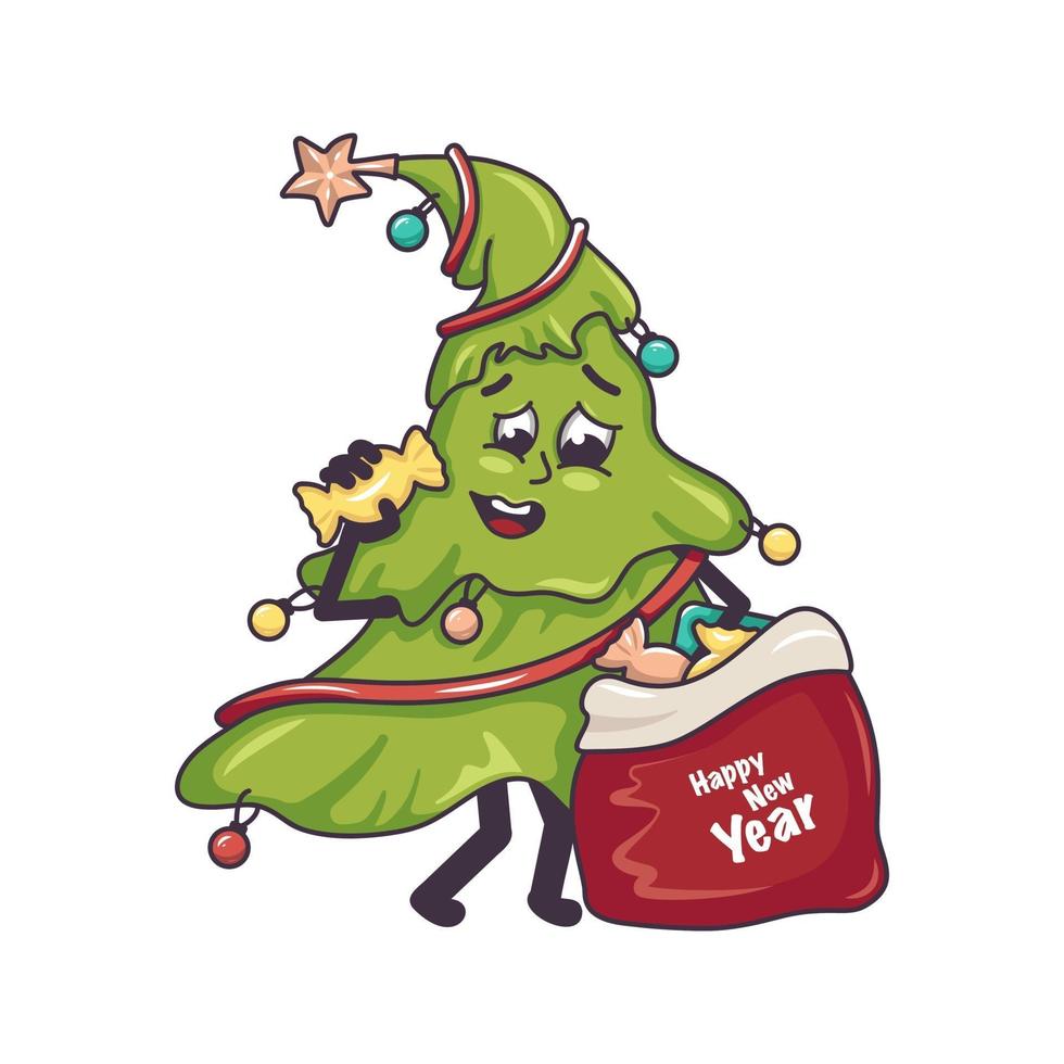 feliz árbol de navidad con cara de sonrisa y una bolsa de dulces vector