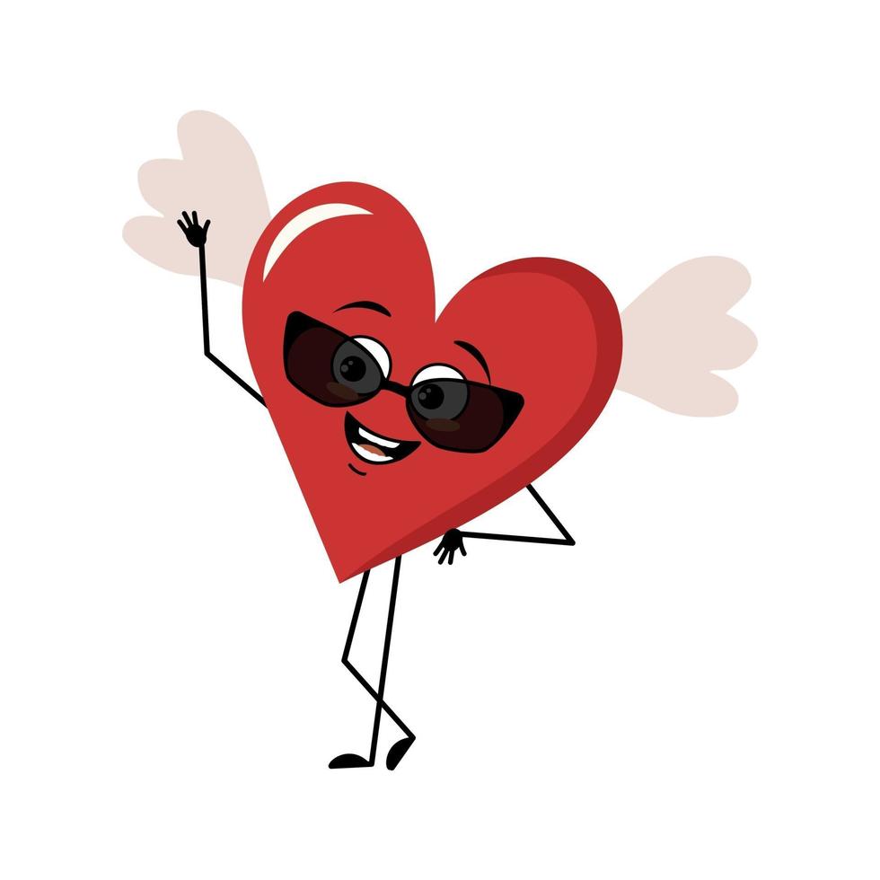 lindo personaje corazón rojo con alas, gafas y emociones alegres vector