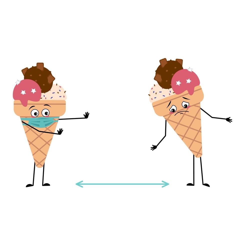 Cute ice cream characters with emotions, face and mask keep distance vector