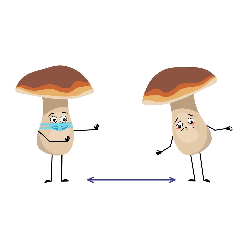 Lindo personaje de hongo con emociones tristes, cara y máscara, mantén la distancia. vector