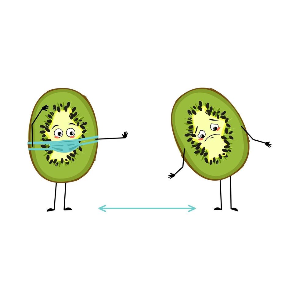 Lindos personajes de kiwi con emociones, rostro y máscara mantienen la distancia. vector