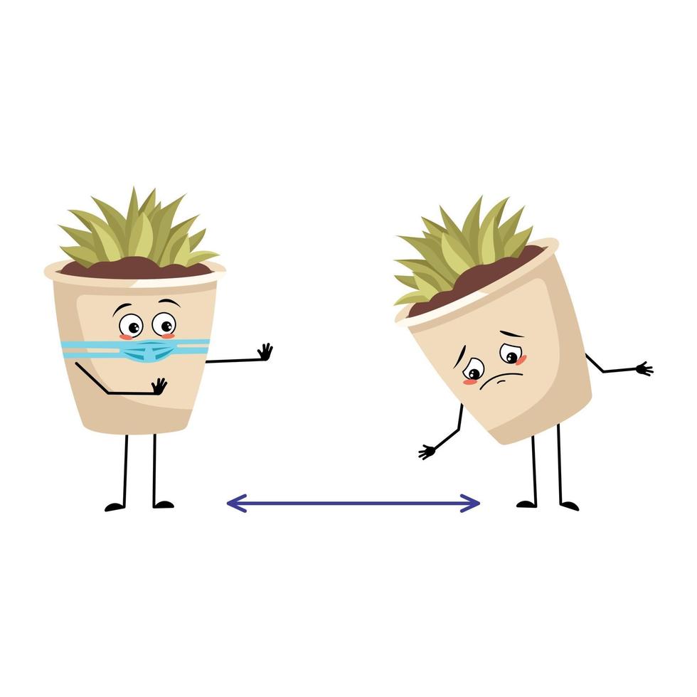 Planta de interior de carácter en una maceta con emociones tristes, cara y máscara. vector