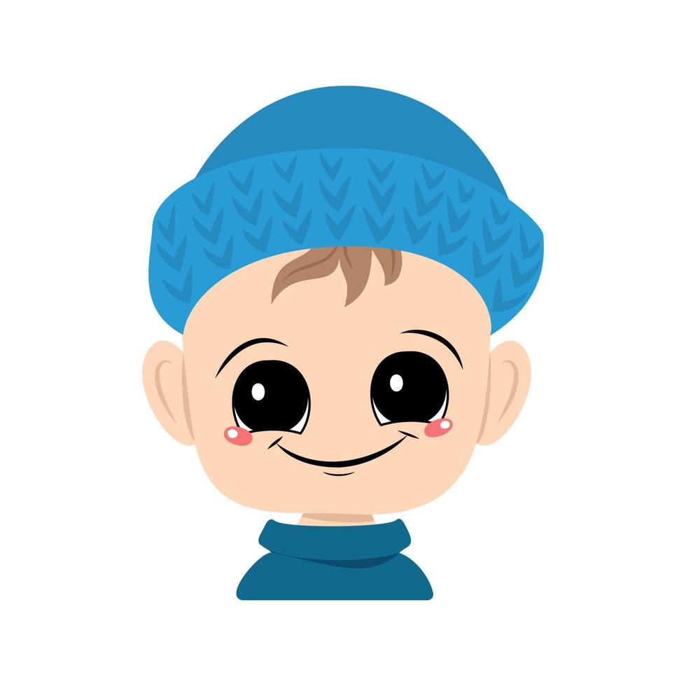 avatar de un niño con ojos grandes y una amplia sonrisa en un gorro de punto azul vector