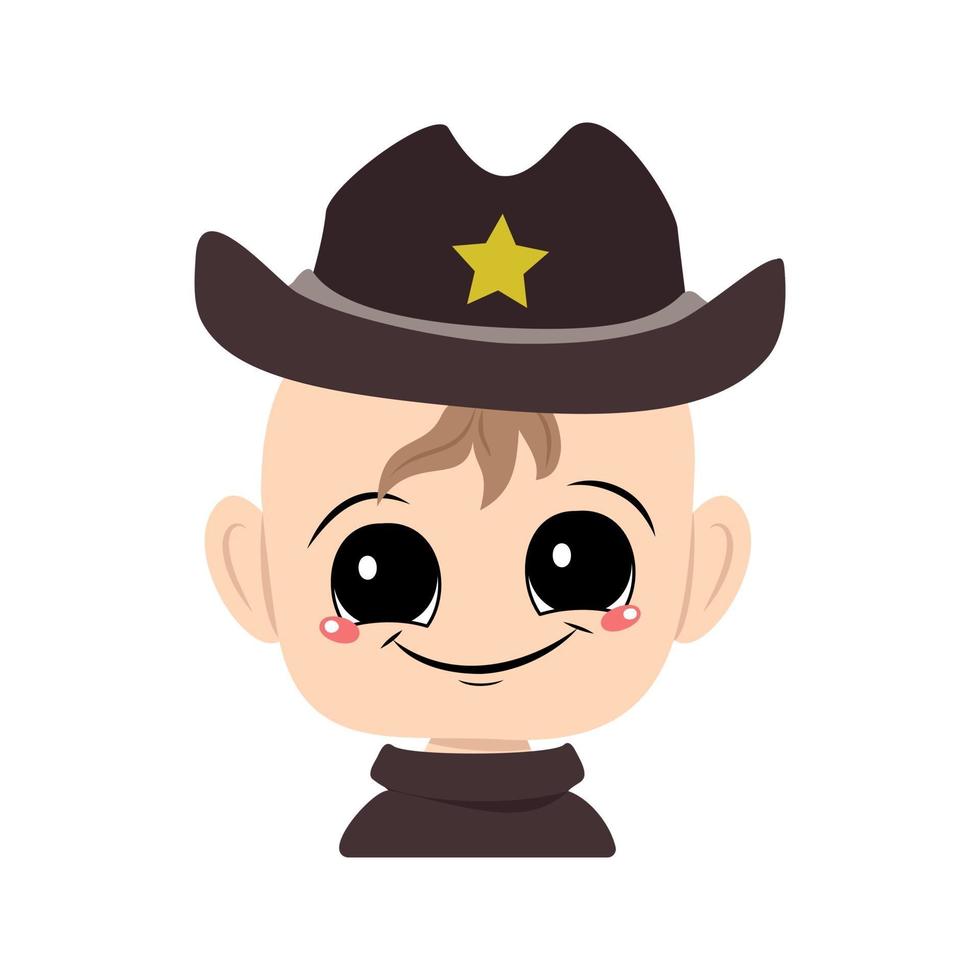 niño con ojos grandes y una amplia sonrisa con un sombrero de sheriff con estrella vector