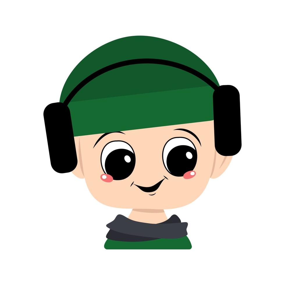 avatar de un niño con ojos grandes y sonrisa con un sombrero con auriculares vector