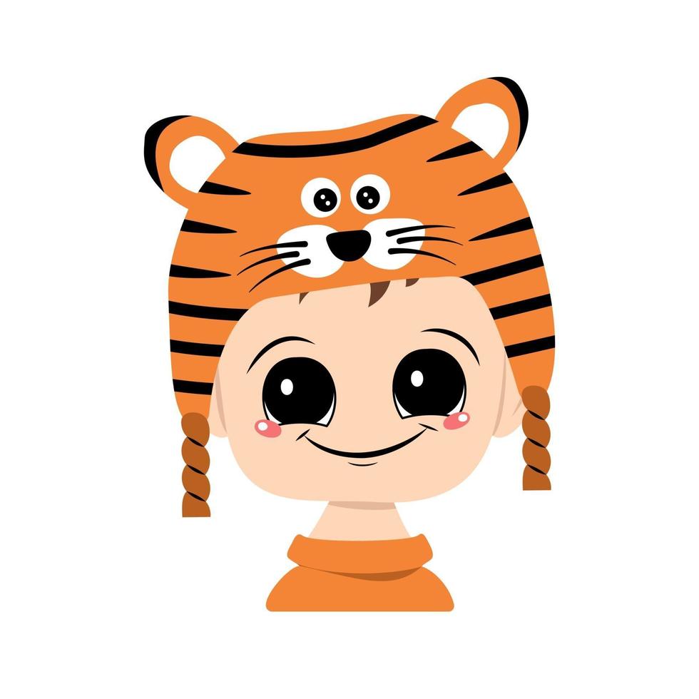 avatar de un niño con ojos grandes y una amplia sonrisa en un sombrero de tigre vector