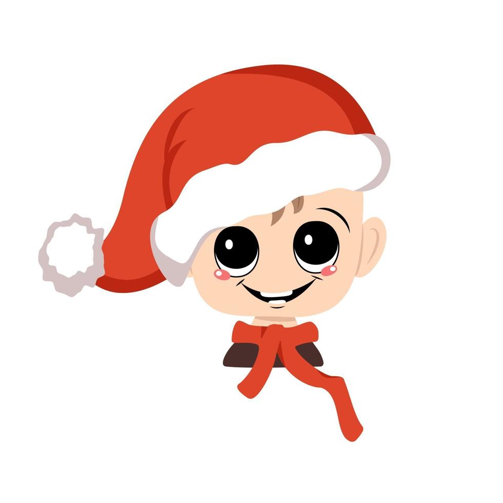 Child with big eyes and a wide happy smile in a red Santa hat vector