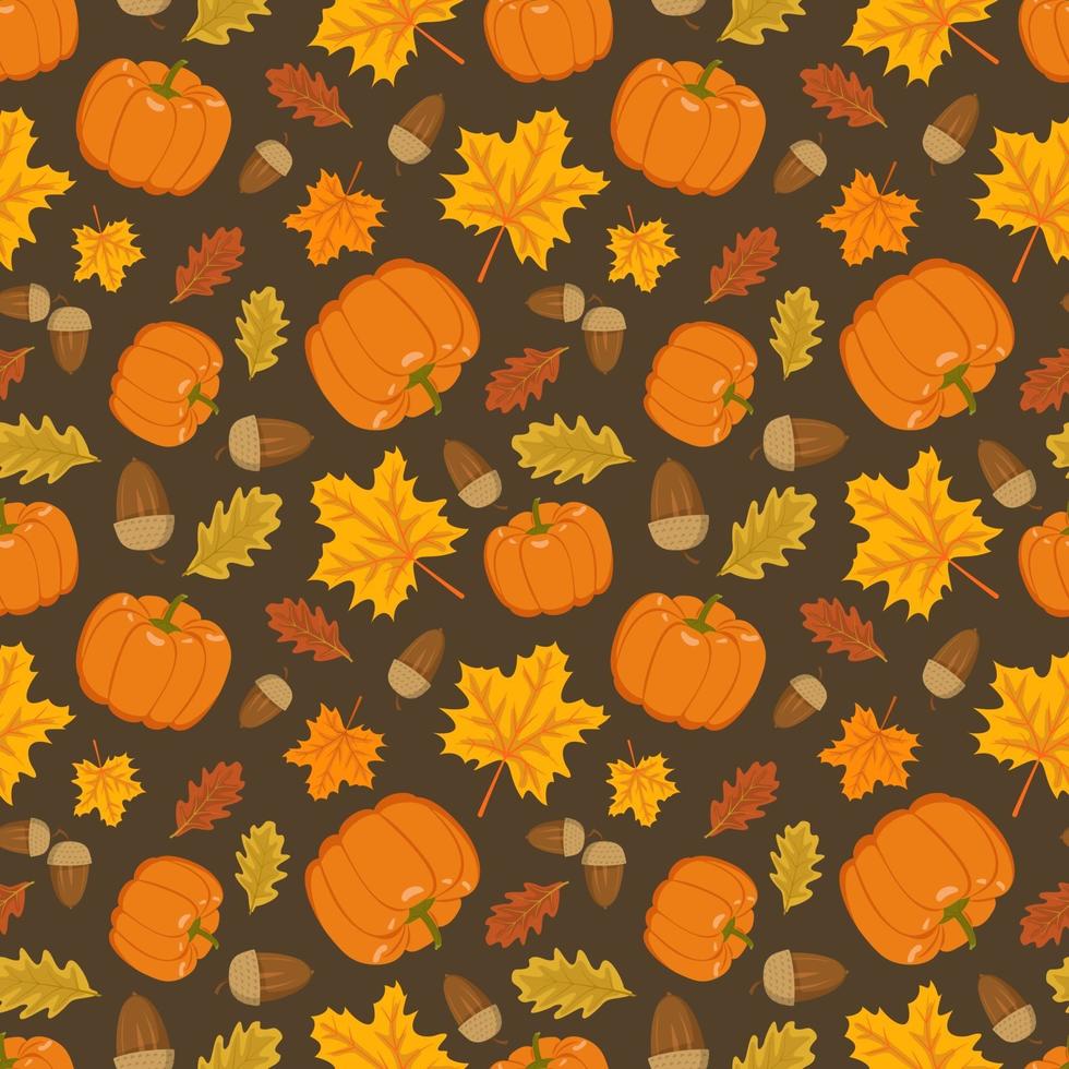 Seamless pattern with pumpkin, acorns and orange maple and oak leaves vector