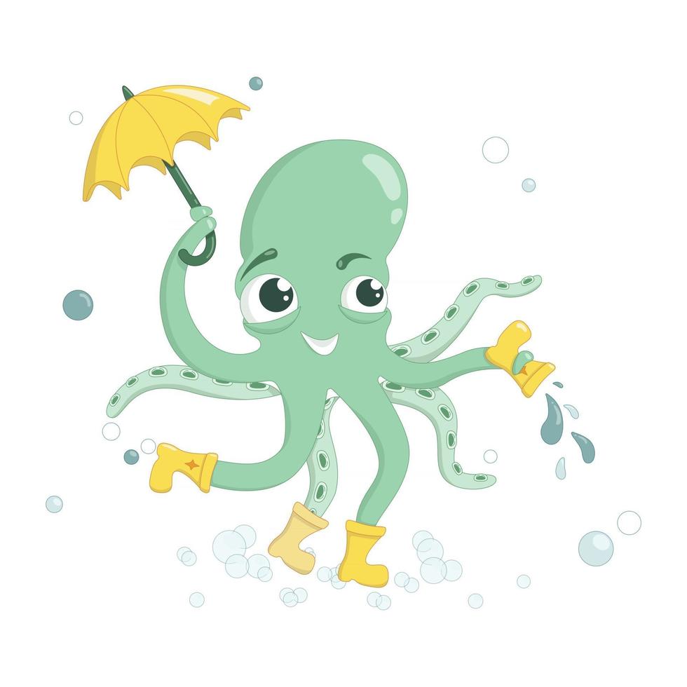 Cute funny octopus with umbrella, boots and water bubbles vector