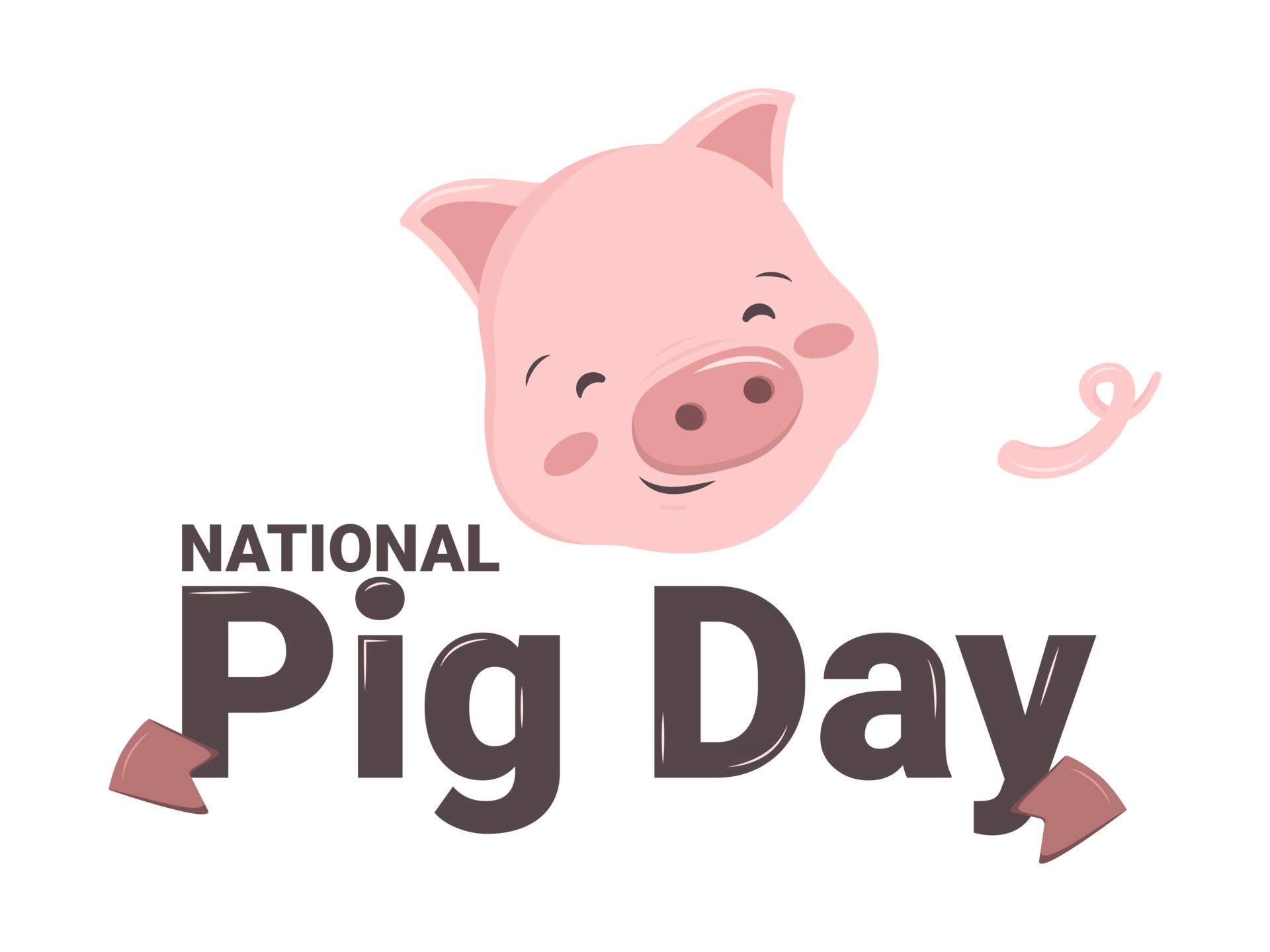 National pig day. Pink swine with a heel and tail hugs festive word