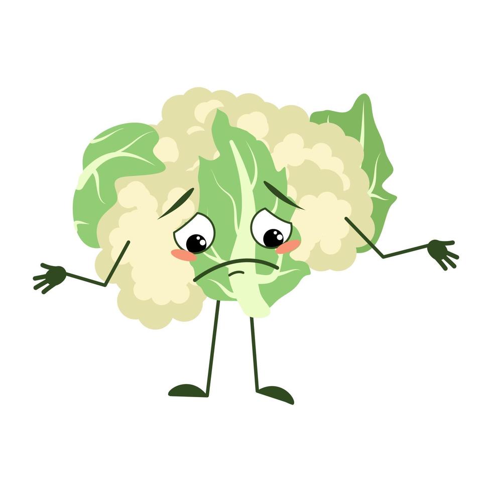 Character cauliflower with sad emotions, depressing face vector