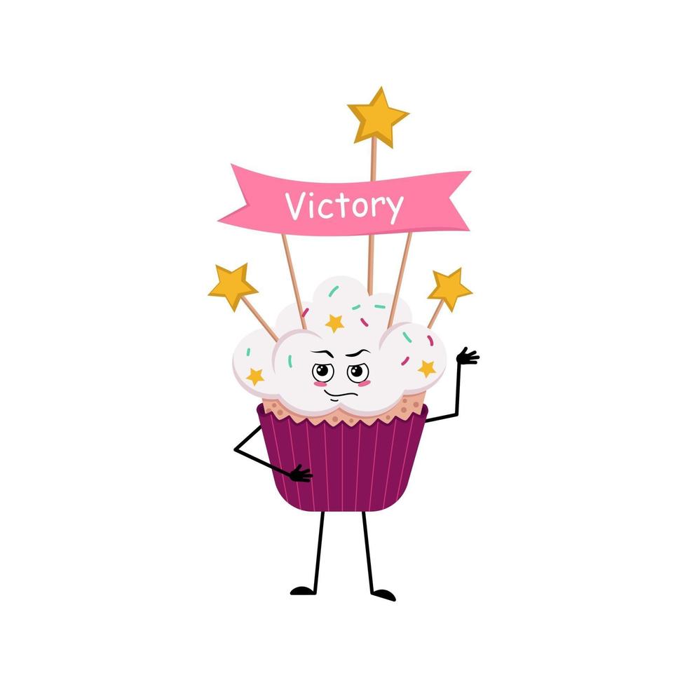 personaje de cupcake con emociones de un héroe, una cara valiente, brazos y piernas vector