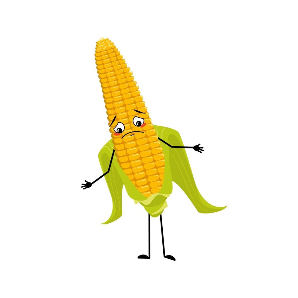 Corn cob character with sad emotions, depressed face, down eyes vector