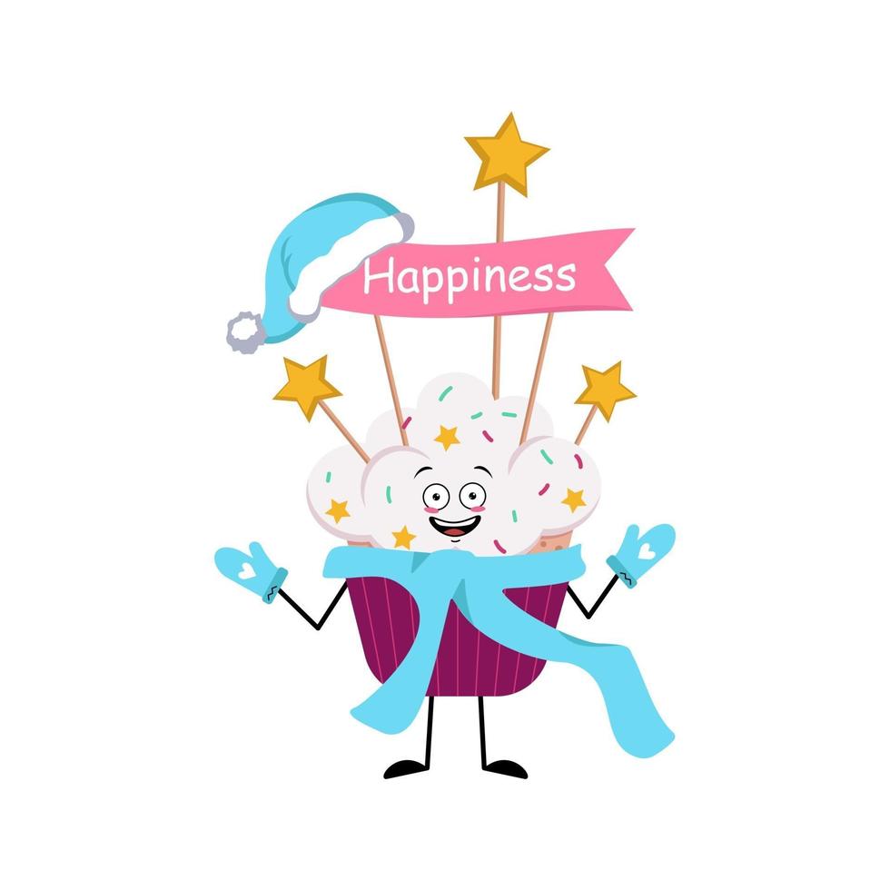 Cute cupcake character with joyful emotions, face, happy eyes vector