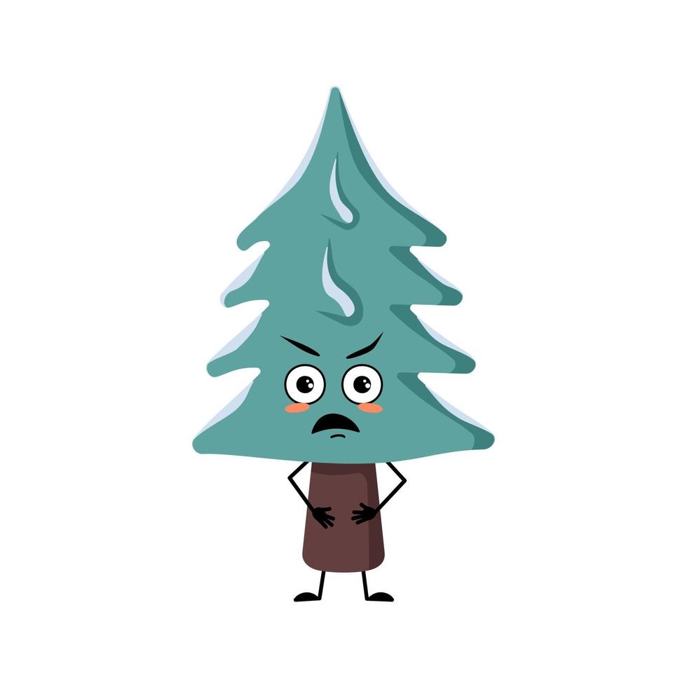 Christmas tree character with angry emotions, face, arms and legs vector