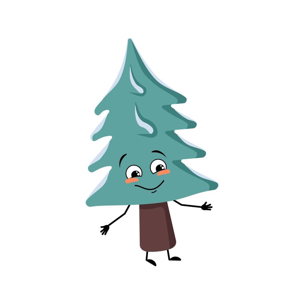 árbol de navidad con emociones felices, cara sonriente, brazos y piernas vector