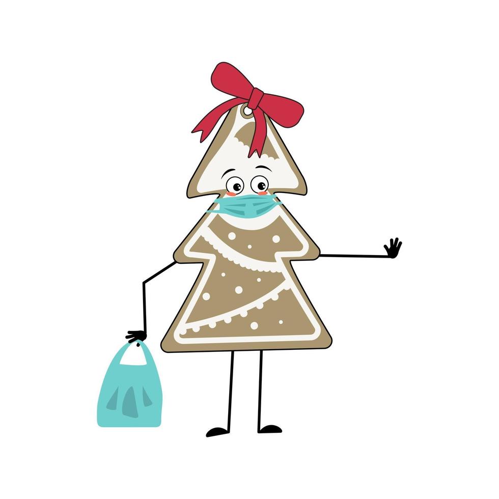 character of gingerbread cookie with sad emotions, mask keep distance vector