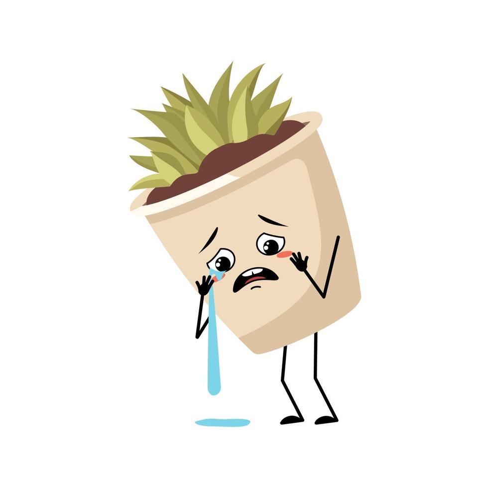 Cute character indoor plant in a pot with crying and tears emotion vector